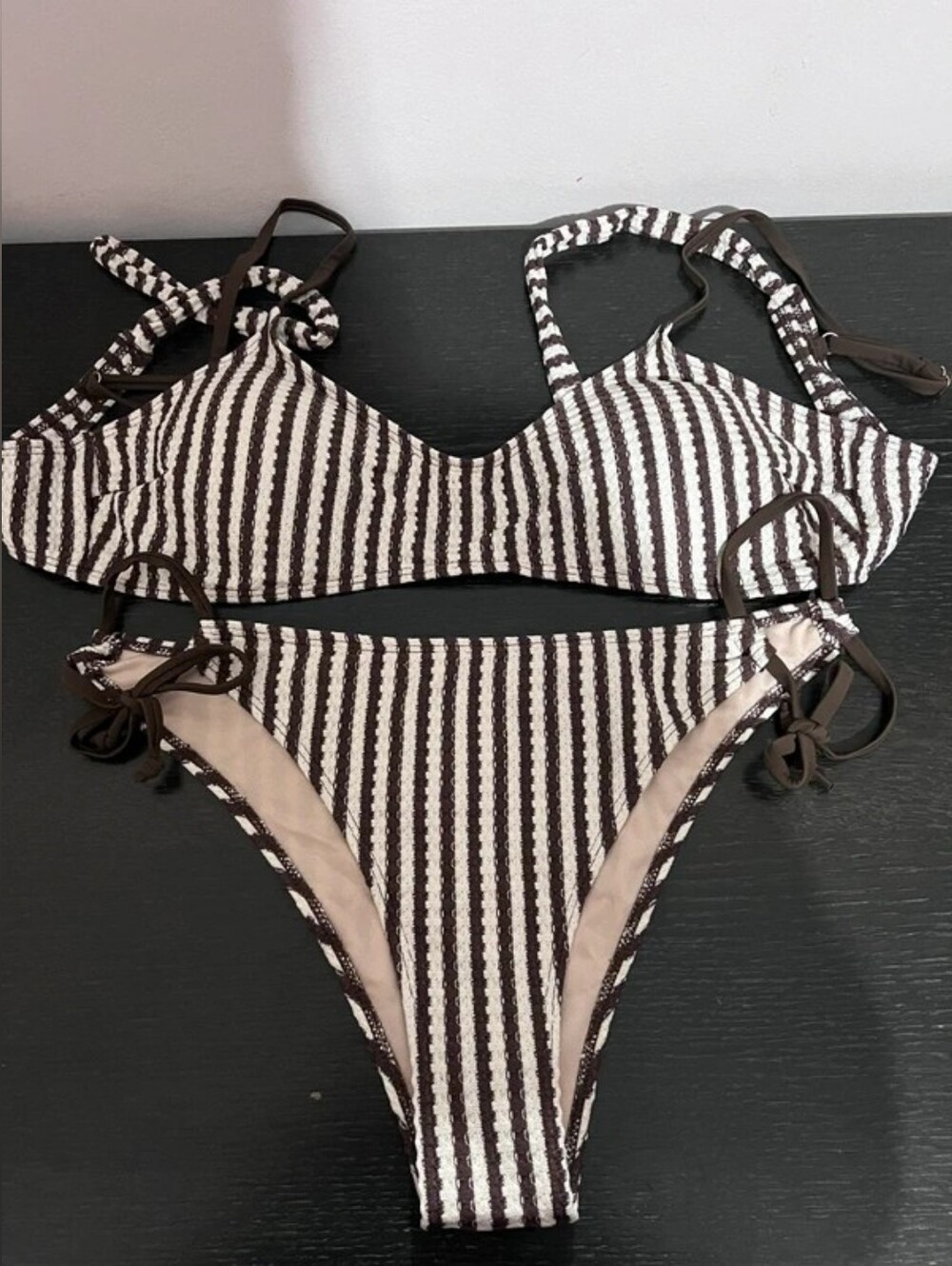 Primark Brown and White Striped Bikini Set with Side Ties